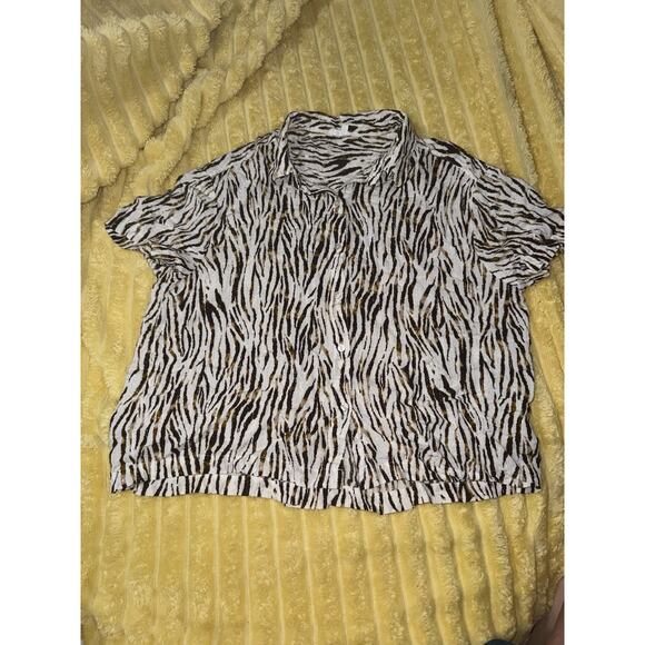 Women’s Linen Tiger Zebra Strip Shirt Blouse Eggshell Brown Gold Size Large - Picture 1 of 5